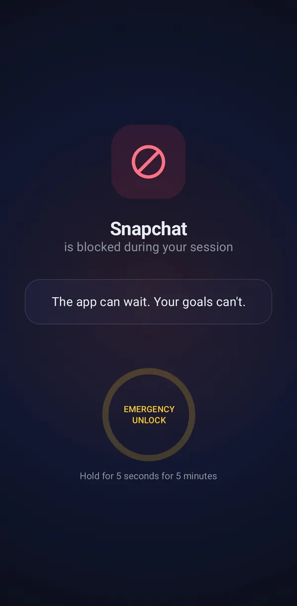 Falorax Focus ki blocking screen: Snapchat is blocked during your session, neeche Emergency Unlock button