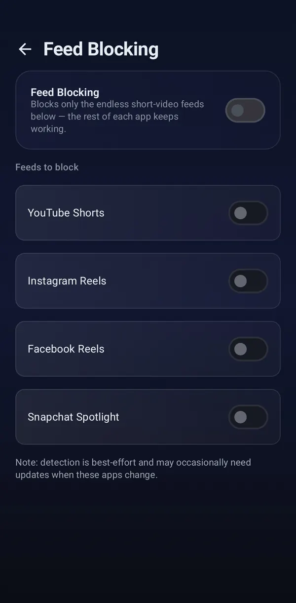 Feed Blocking screen jisme YouTube Shorts, Instagram Reels, Facebook Reels aur Snapchat Spotlight ke switch hain