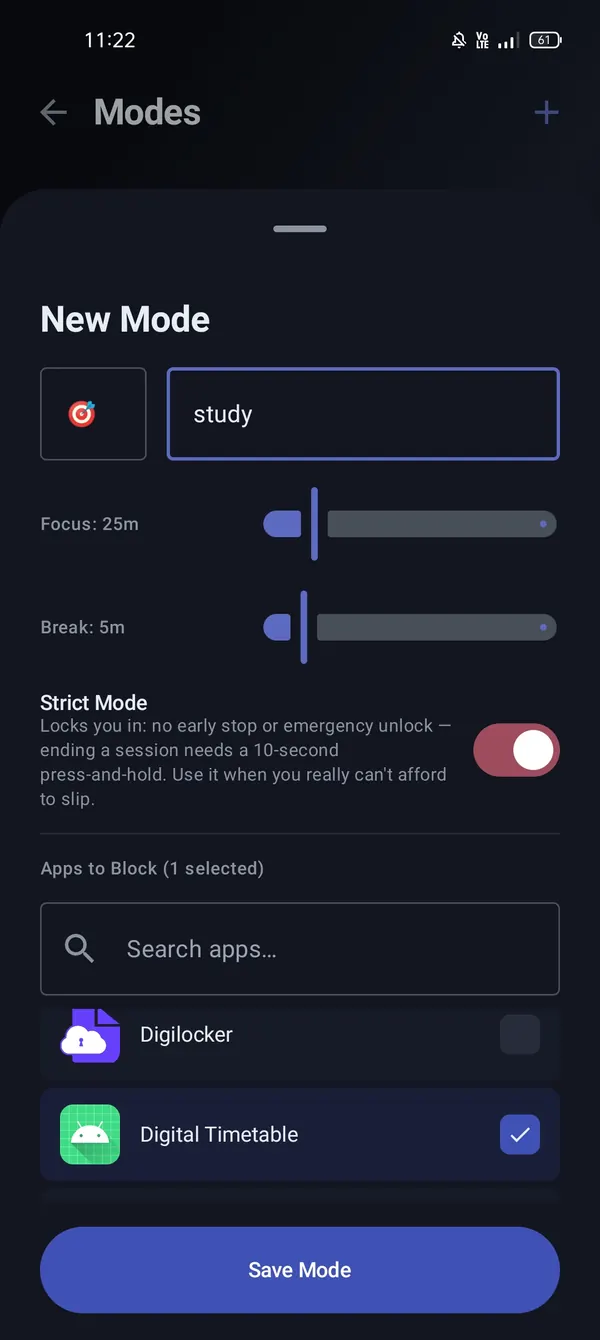 New Mode screen jisme focus aur break duration sliders aur Strict Mode switch on hai