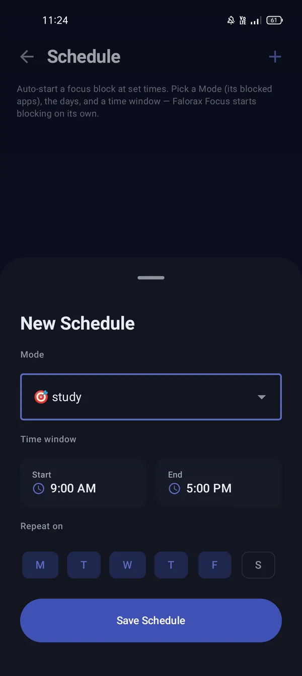 New Schedule screen: Mode, 9:00 AM se 5:00 PM ka time window aur repeat ke din