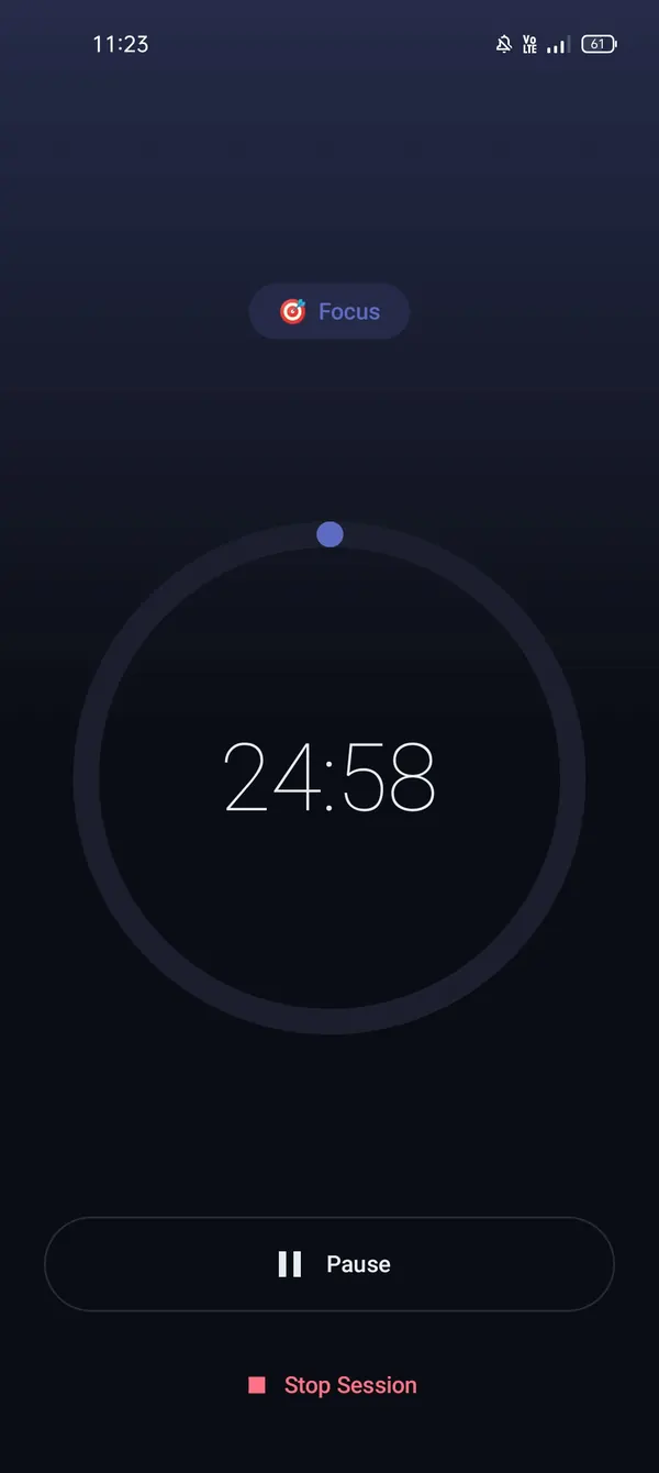 Focus session ka timer 24:58, neeche Pause aur Stop Session