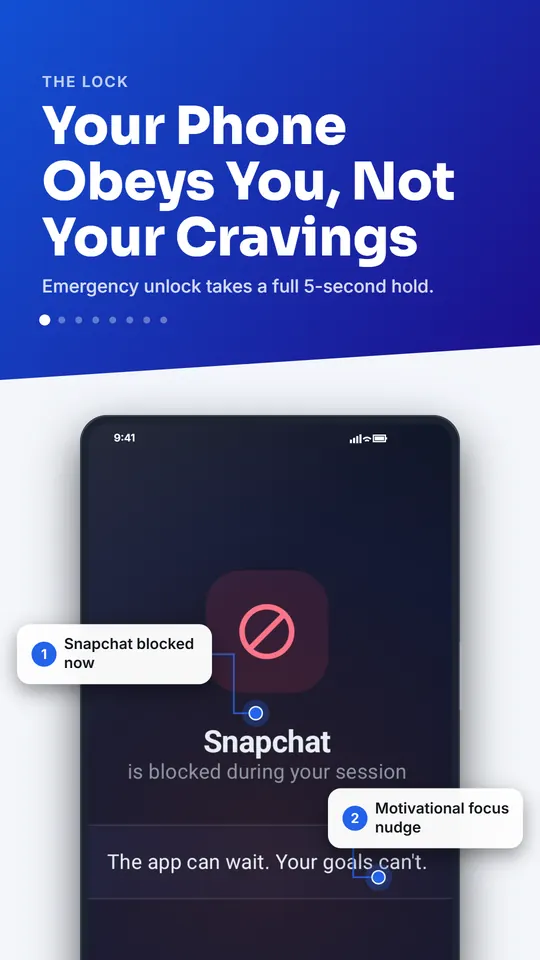 Play Store tile: Your Phone Obeys You, Not Your Cravings. Snapchat blocked, emergency unlock 5-second hold