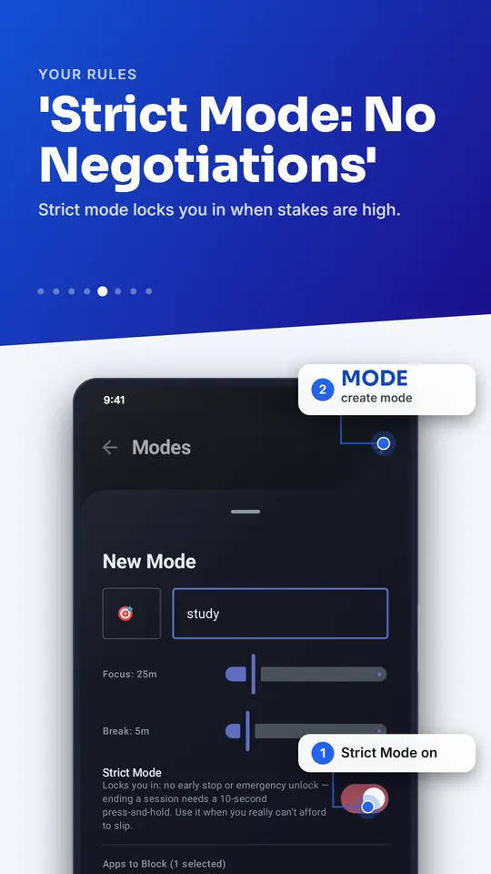 Play Store tile: Strict Mode, No Negotiations. New Mode screen